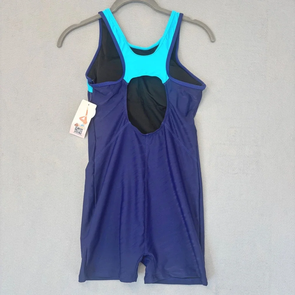 New Girls 14 Navy Blue Boyleg One Piece Swimsuit UPF 50+ Sun Protection